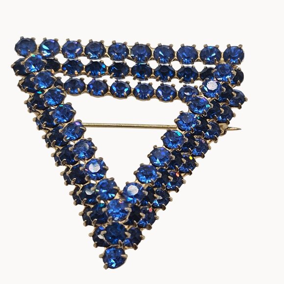 Vtg Stacked Blue Brooch Rhinestone Triangle Geometric Silver-Tone Staggered - Picture 1 of 13